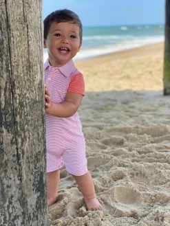 Me & Henry Spring/Summer 2023 Coral Stripe Polo Romper