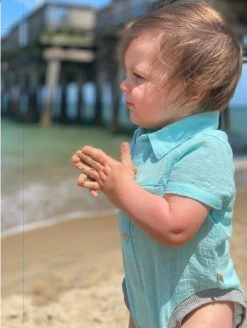 Me & Henry Spring/Summer 2023 Aqua Cotton Helford Short Sleeve Onesie