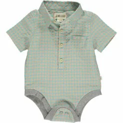 Me & Henry Spring/Summer 2023 Coral/Sky Plaid Helford Short Sleeve Onesie