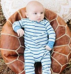 Sweet Bamboo Piped Zipper Romper Blue & Aqua Stripe