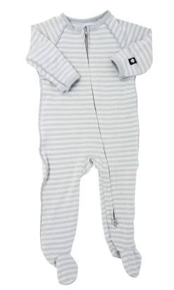 Sweet Bamboo Blue/Grey Stripe Piped Zipper Footie