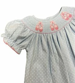 Petit Bebe/Petit Ami/Claire & Charlie Spring/Summer 2023 Lt Blue Dotted Ballet Slipper Smocked Bishop