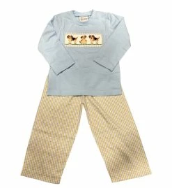 Delaney Fall Tan/Blue Plaid Smocked Puppy Pant Set