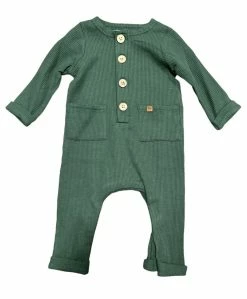 Baby Registry Green Waffle Boys Romper W/Buttons