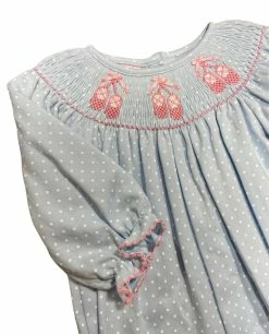 Petit Bebe/Petit Ami/Claire & Charlie Lt Blue Dotted Ballet Slipper Smocked Footie Spring/Summer 2023