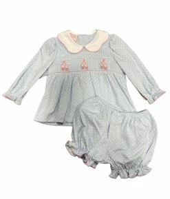 Petit Bebe/Petit Ami/Claire & Charlie Lt Blue Ballet Slippers Smocked Bloomer Set