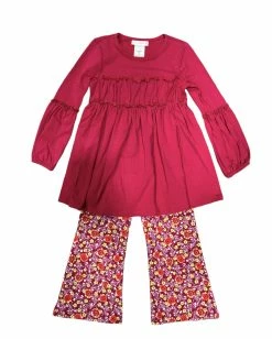 Bonnie Jean Fall 22 Burgundy Tiered Top W/Floral Flare Pants
