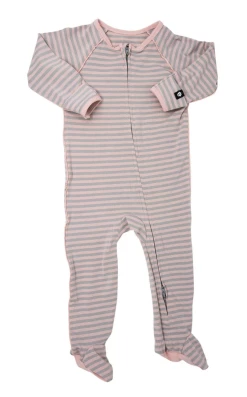 Baby Registry Pink/Grey Stripe Piped Zipper Footie