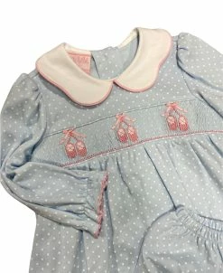 Petit Bebe/Petit Ami/Claire & Charlie Lt Blue Ballet Slippers Smocked Bloomer Set