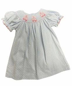 Petit Bebe/Petit Ami/Claire & Charlie Spring/Summer 2023 Lt Blue Dotted Ballet Slipper Smocked Bishop