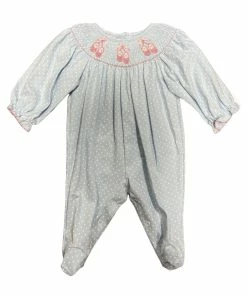 Petit Bebe/Petit Ami/Claire & Charlie Lt Blue Dotted Ballet Slipper Smocked Footie Spring/Summer 2023