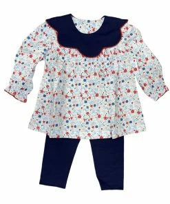 Delaney Fall Girls Red/Navy Floral W/Navy Scallop Collar Pant Set New Arrivals