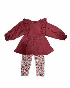 Bonnie Jean Fall 22 New Arrivals Burgundy Gauze Top W/Floral Legging