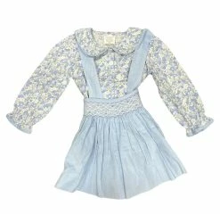 Delaney Fall Blue Floral Smocked Shirt W/Blue Cord Smocked Skirt