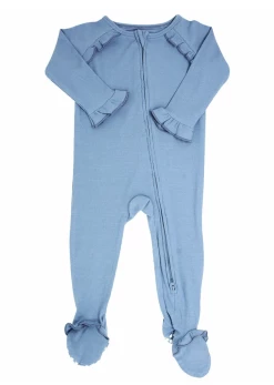 Sweet Bamboo Infant Clothing Faded Denim Ribbed Ruffle Footie