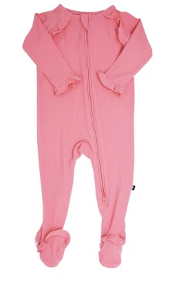 Sweet Bamboo Infant Clothing Geranium Pink Ribbed Ruffle Footie