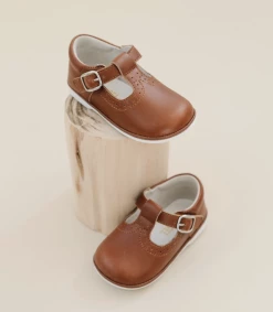 L'Amour Shoes Gemma Leather T-Strap Mary Jane Cognac