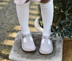 L'Amour Shoes Selina Scalloped T-Strap Mary Jane In Almond