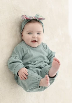 Mabel & Honey Fall 22 Rowan Woven Romper Green W/Bow