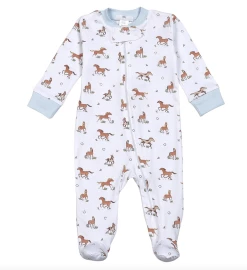 Baby Registry Horses Blue Pima Zipper Footie