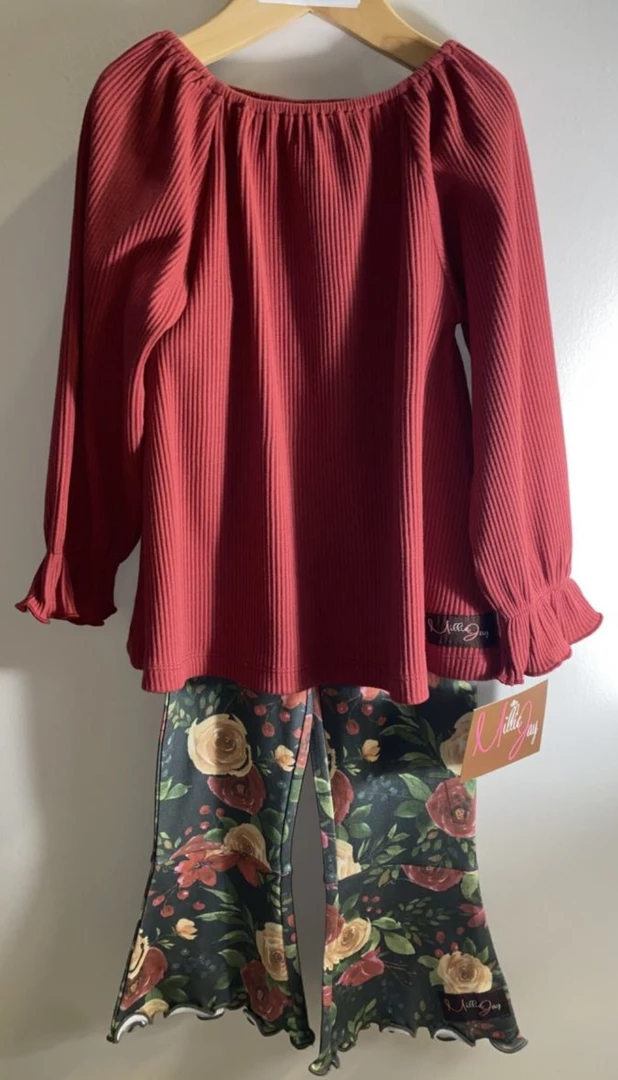 Wholesale ๐ Millie Jay Fall New Arrivals Payton Bell Bottom Set-Burgundy Floral โ 1 Millie Jay Fall New Arrivals Payton Bell Bottom Set-Burgundy Floral
