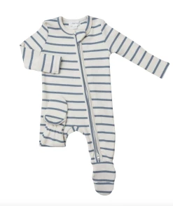 Baby Registry Faded Denim & Sugar Swizzle Stripe 2 Way Zipper Footie