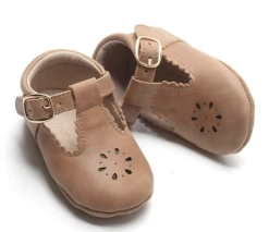 Consciously Baby Shoes Aged Camel Leather Petal T Bar Soft Sole Shoe