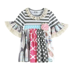 Lil Cactus Fall New Arrivals Gray & Pink Stripe & Polka Dot Lace-Trim Dress