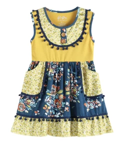 Lil Cactus Fall Mustard & Cobalt Floral Pom-Pom Dress New Arrivals