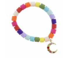 Jane Marie Kids Multi Colored Cylinder Beads W/ Multi Crystal Crescent Bracelet
