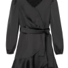 Habitual Girl/Truce Fall Satin Wrap Dress- Black 50% Off Fall Clothing