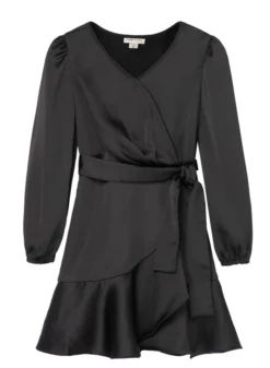 Habitual Girl/Truce Fall Satin Wrap Dress- Black 50% Off Fall Clothing