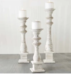 Mudpie Decor White Beaded Wood Candle Stick