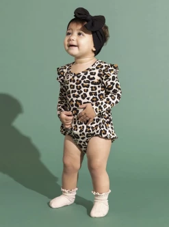 Posh Peanut Fall Posh Peanut Lana Leopard Tan Long Sleeve Ruffled Bubble Romper Infant Clothing