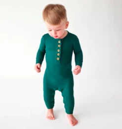 Posh Peanut Fall Posh Peanut Hunter Green Waffle Long Sleeve Henley Romper Infant Clothing