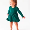 Posh Peanut Fall Posh Peanut Hunter Green Waffle LS Ruffled Bodysuit Dress