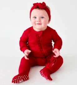 Posh Peanut Fall Posh Peanut Maroon Waffle Footie Ruffled Zippered One Piece