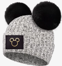 NightScope Mickey Mouse Outline Black Speckled Double Pom Beanie