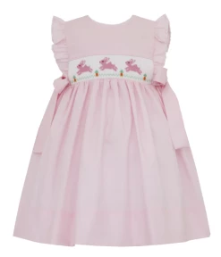 Petit Bebe/Petit Ami/Claire & Charlie Spring/Summer 2023 Hop Hop Bunnies Pink Poplin Dress