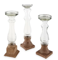 Mudpie Decor GLASS AND WOOD CANDLESTICKS