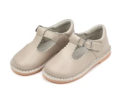L'Amour Shoes Selina Scalloped T-Strap Mary Jane In Almond