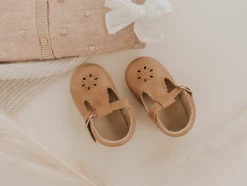Consciously Baby Shoes Aged Camel Leather Petal T Bar Soft Sole Shoe