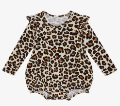 Posh Peanut Fall Posh Peanut Lana Leopard Tan Long Sleeve Ruffled Bubble Romper Infant Clothing