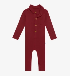 Posh Peanut Fall Posh Peanut Maroon Waffle Long Sleeve Collared Henley Romper Infant Clothing