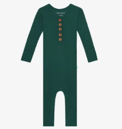 Posh Peanut Fall Posh Peanut Hunter Green Waffle Long Sleeve Henley Romper Infant Clothing