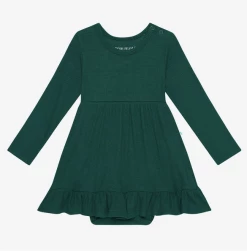 Posh Peanut Fall Posh Peanut Hunter Green Waffle LS Ruffled Bodysuit Dress