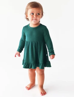 Posh Peanut Fall Posh Peanut Hunter Green Waffle LS Ruffled Bodysuit Dress