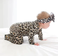 Posh Peanut Fall Infant Clothing Posh Peanut Lana Leopard Tan Footie Ruffled Zippered One Piece