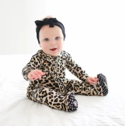 Posh Peanut Fall Infant Clothing Posh Peanut Lana Leopard Tan Footie Ruffled Zippered One Piece