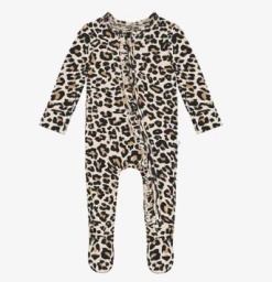 Posh Peanut Fall Infant Clothing Posh Peanut Lana Leopard Tan Footie Ruffled Zippered One Piece